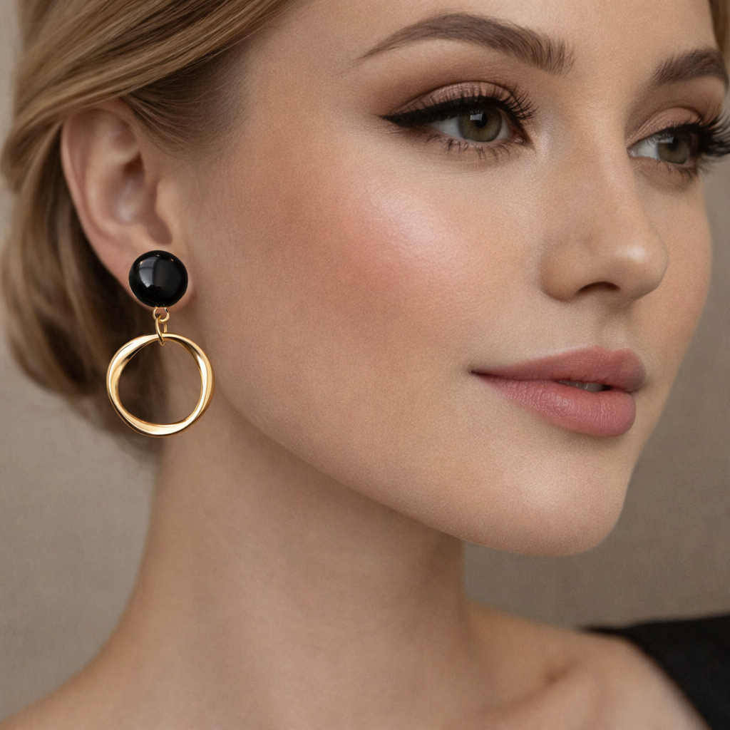 Black Onyx & Gold Hoop Drop Earrings🖤✨ B2F1