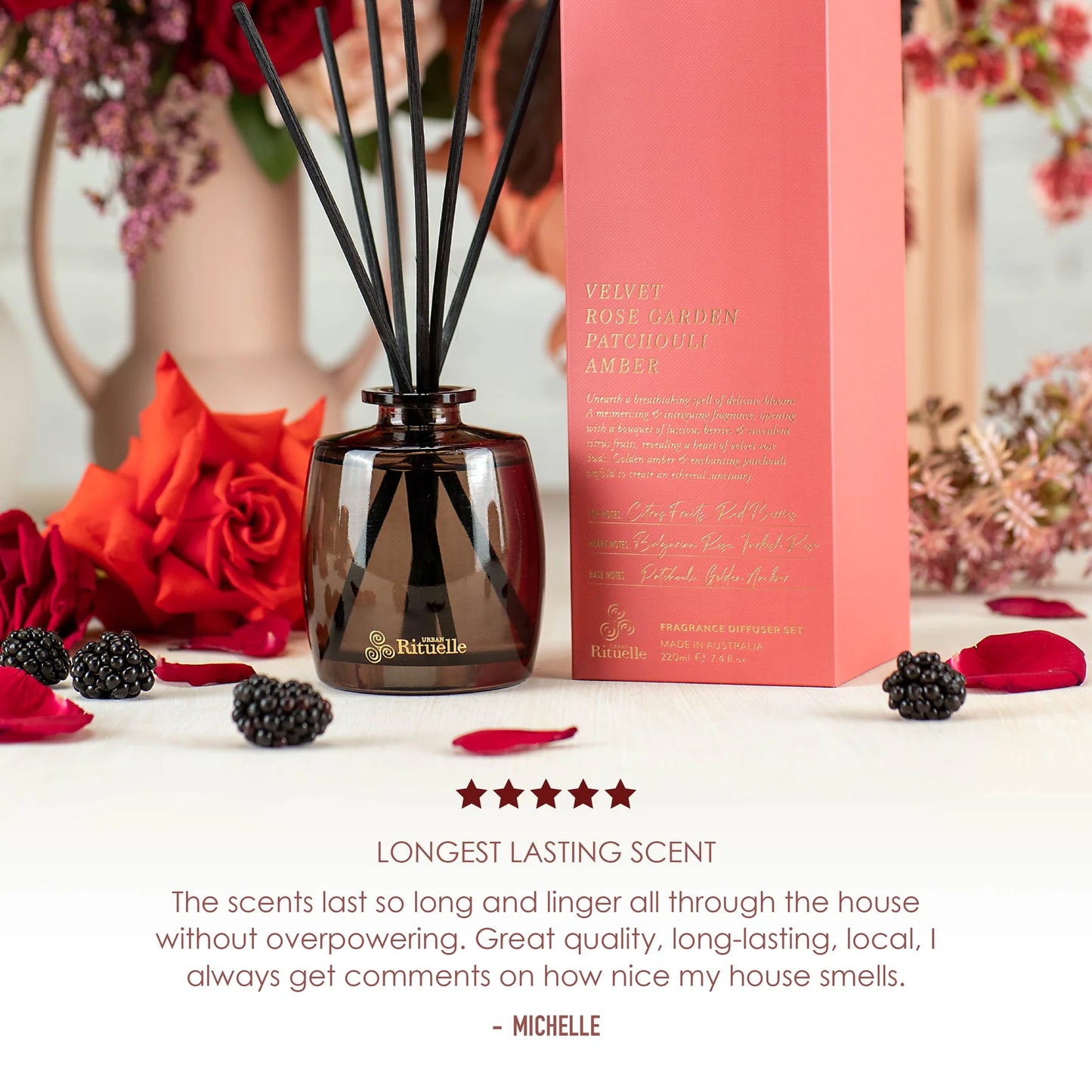 🌹 Velvet Rose Garden, Patchouli & Amber Fragrance Diffuser Set (220ml) By Urban Rituelle - Elegant, romantic, and softly sensual. 💫