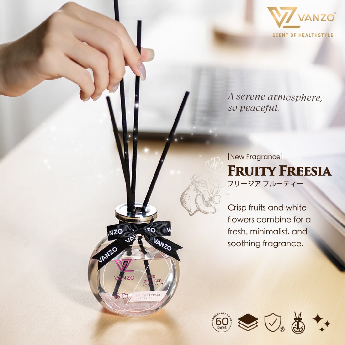 VANZO Reed Diffuser – Fruity Freesia (120ML) 🍑🌸