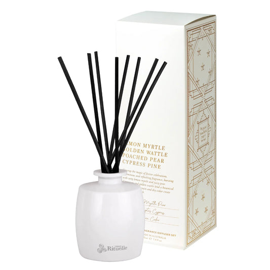 🌼 Lemon Myrtle, Golden Wattle, Poached Pear & Cypress Pine Fragrance Diffuser Set (220ml) By Urban Rituelle 🍋 - citrusy, woody