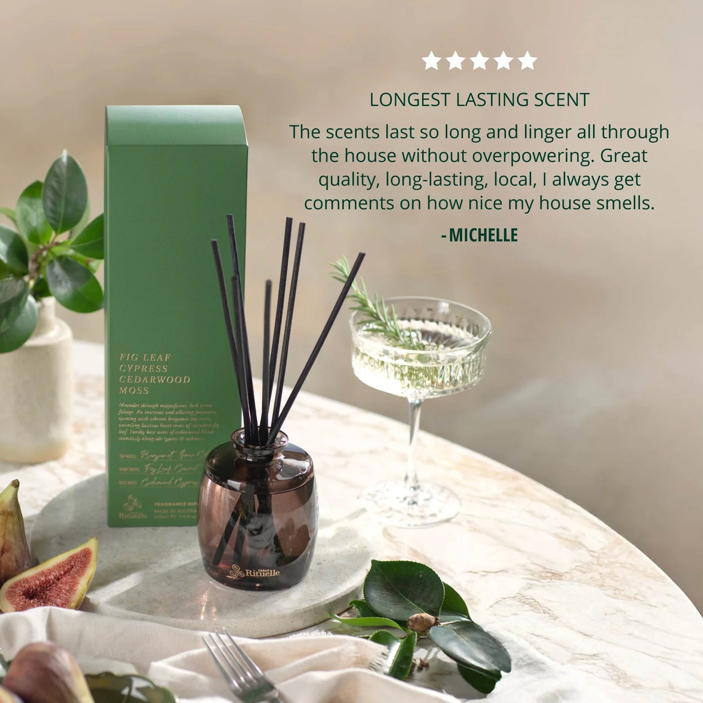 Fig Leaf, Cypress, Cedarwood & Moss Fragrance Diffuser Set (220ml) By Urban Rituelle 🌿🪵- fresh, green