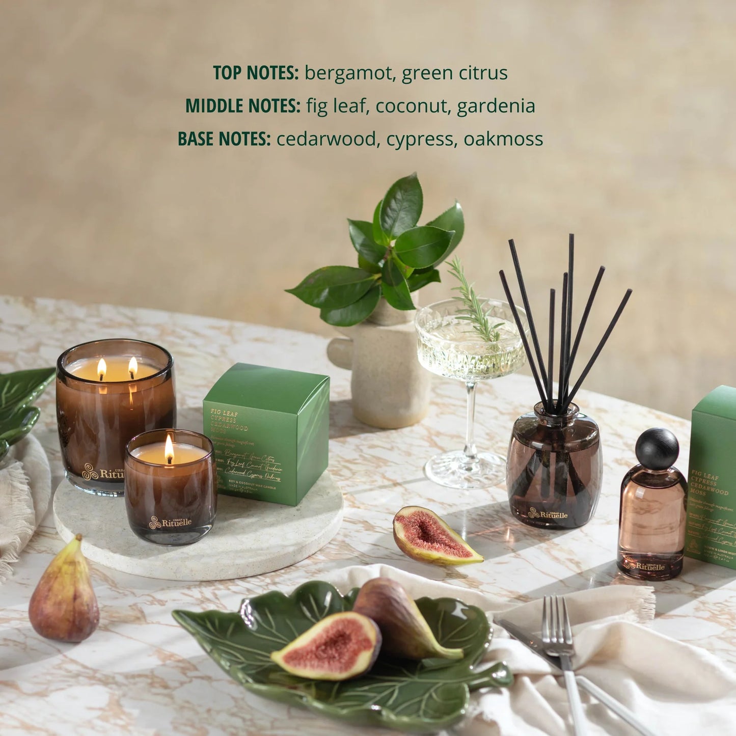 🌿 Fig Leaf, Cypress, Cedarwood & Moss Scented Soy Candle (400g) By Urban Rituelle 🌿🪵🌱 - warm, woody, slightly sweet