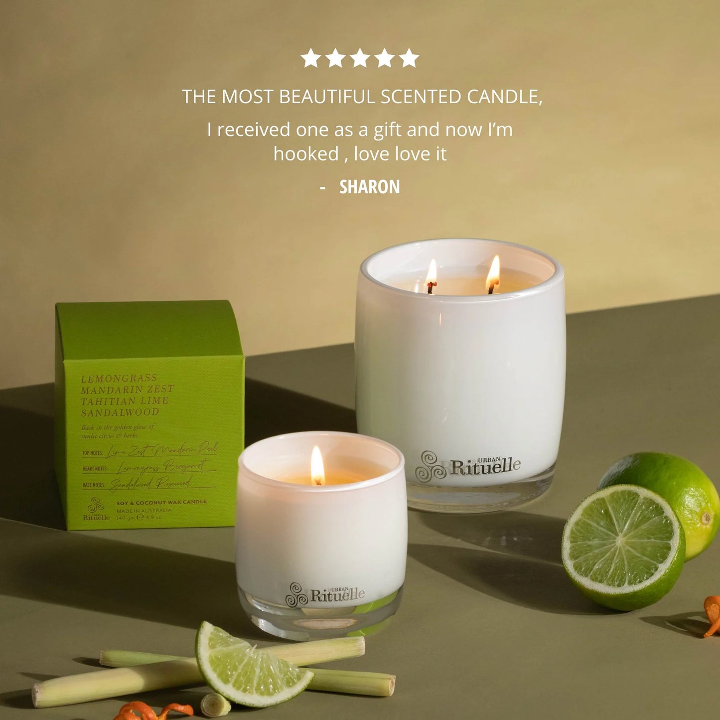 🍋 Lemongrass, Mandarin Zest, Tahitian Lime & Sandalwood Scented Soy Candle (400g）By Urban Rituelle 🌿🍊🍈 -  smooth, creamy