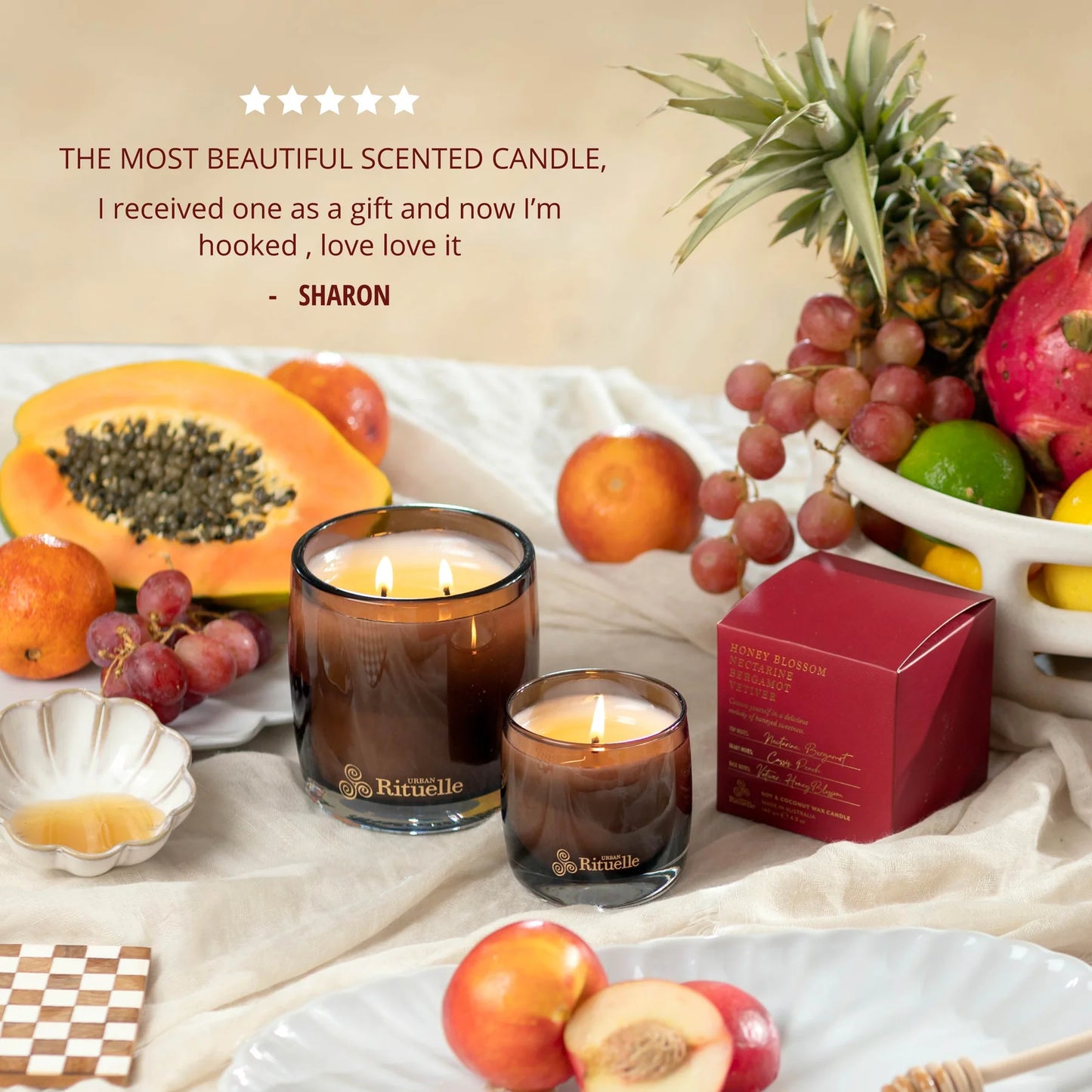 🍑 Nectarine, Honey Blossom, Bergamot & Vetiver Scented Soy Candle (400g) By Urban Rituelle 🌼🍑🍋 - zesty, woody