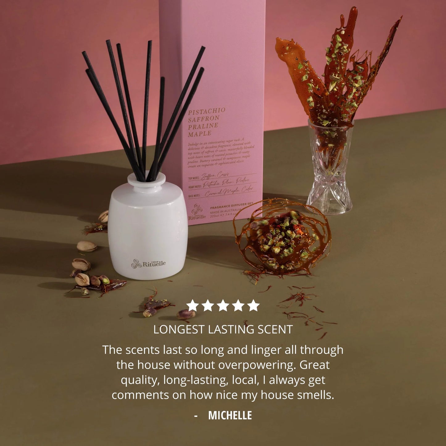 🥜 Pistachio, Saffron, Praline & Maple Fragrance Diffuser Set (220ml) By Urban Rituelle ✨🍫 - smooth, warm