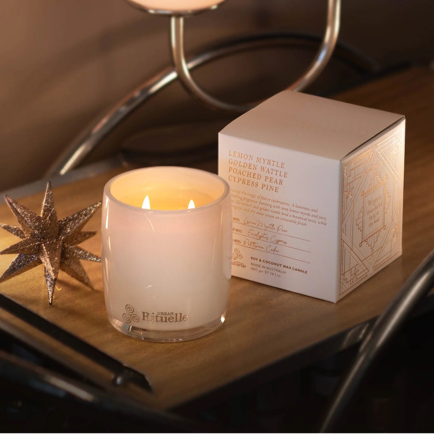 🌼 Lemon Myrtle, Golden Wattle, Poached Pear & Cypress Pine Scented Soy Candle (400g) By Urban Rituelle 🍋🌼🌿 - soft floral, woody, grounding