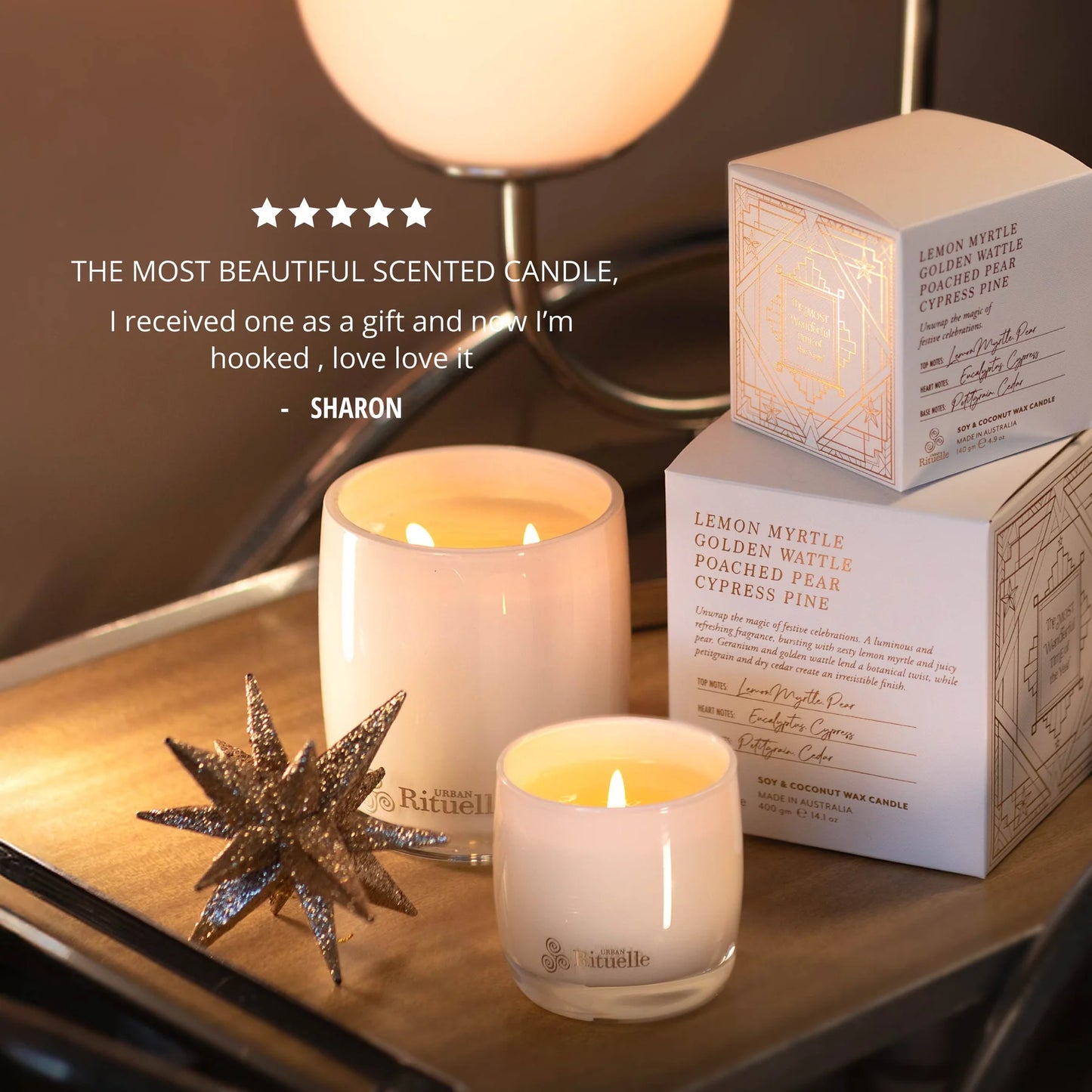 🌼 Lemon Myrtle, Golden Wattle, Poached Pear & Cypress Pine Scented Soy Candle (400g) By Urban Rituelle 🍋🌼🌿 - soft floral, woody, grounding