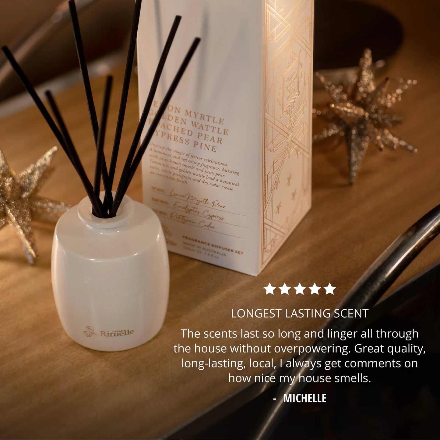 🌼 Lemon Myrtle, Golden Wattle, Poached Pear & Cypress Pine Fragrance Diffuser Set (220ml) By Urban Rituelle 🍋 - citrusy, woody