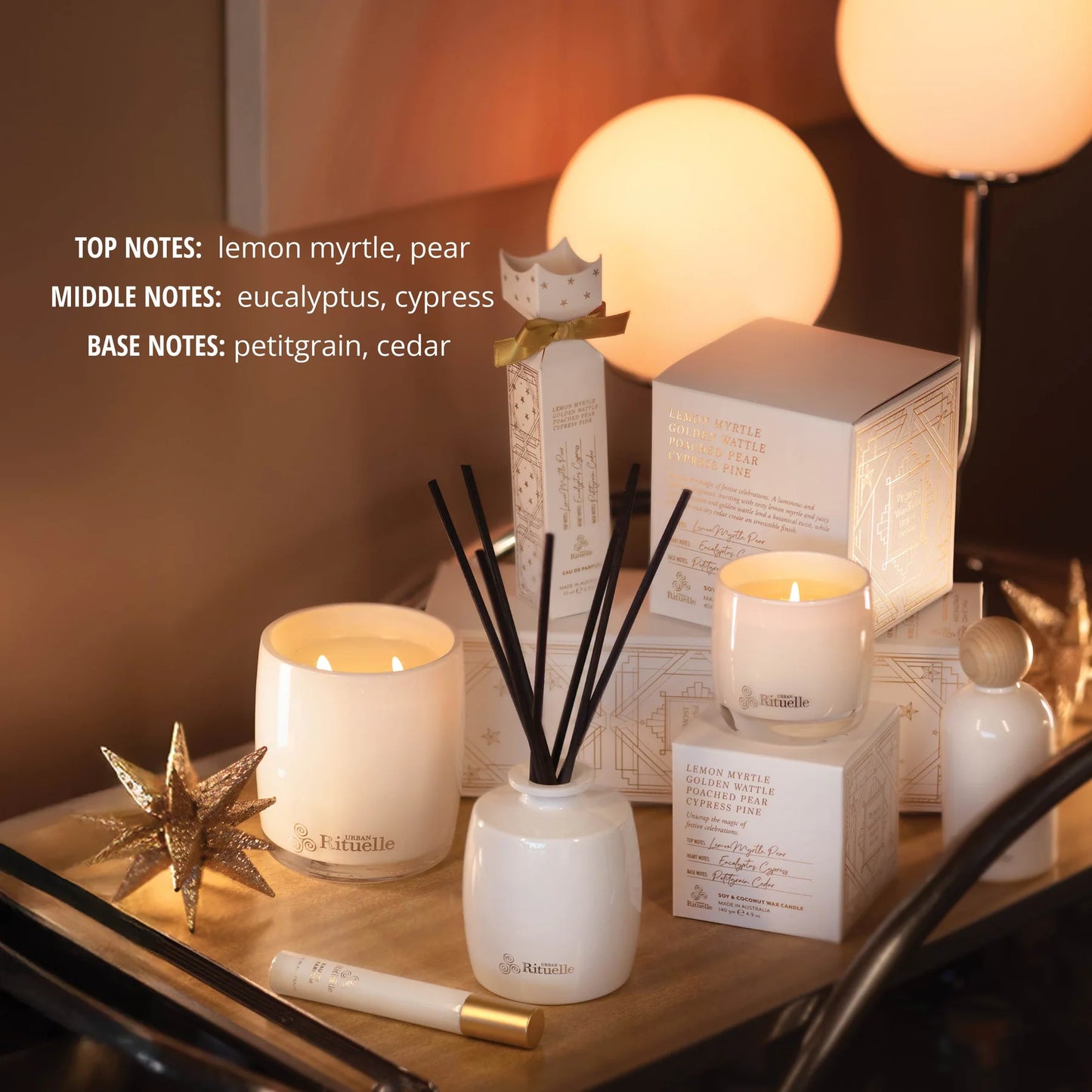 🌼 Lemon Myrtle, Golden Wattle, Poached Pear & Cypress Pine Fragrance Diffuser Set (220ml) By Urban Rituelle 🍋 - citrusy, woody