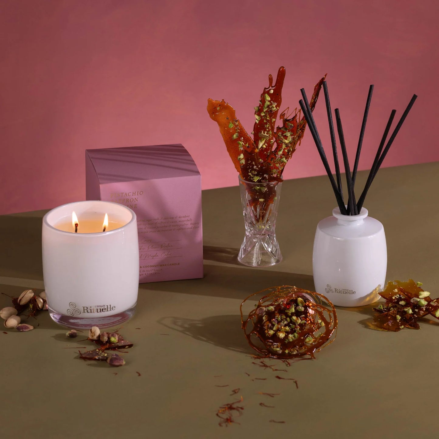 🥜 Pistachio, Saffron, Praline & Maple Fragrance Diffuser Set (220ml) By Urban Rituelle ✨🍫 - smooth, warm