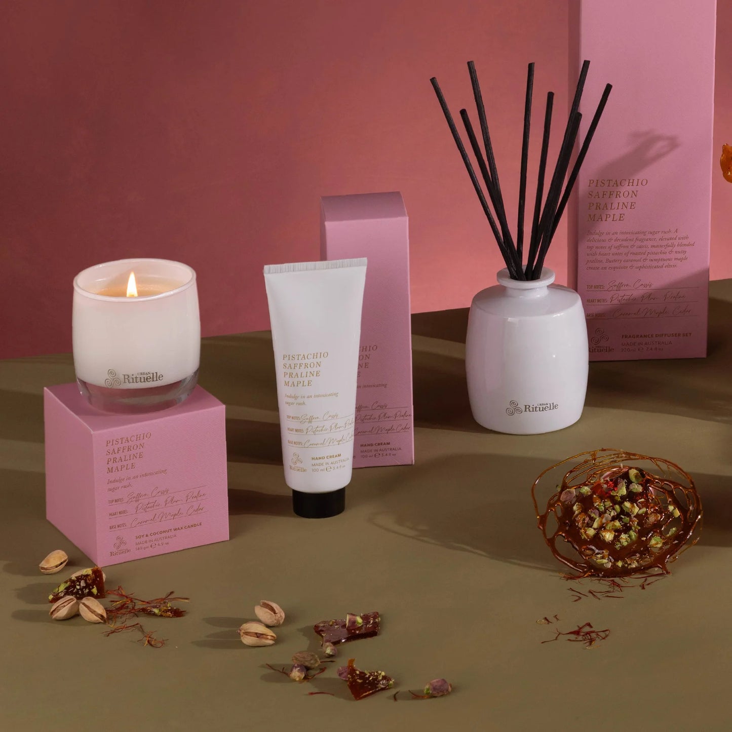 🥜 Pistachio, Saffron, Praline & Maple Fragrance Diffuser Set (220ml) By Urban Rituelle ✨🍫 - smooth, warm