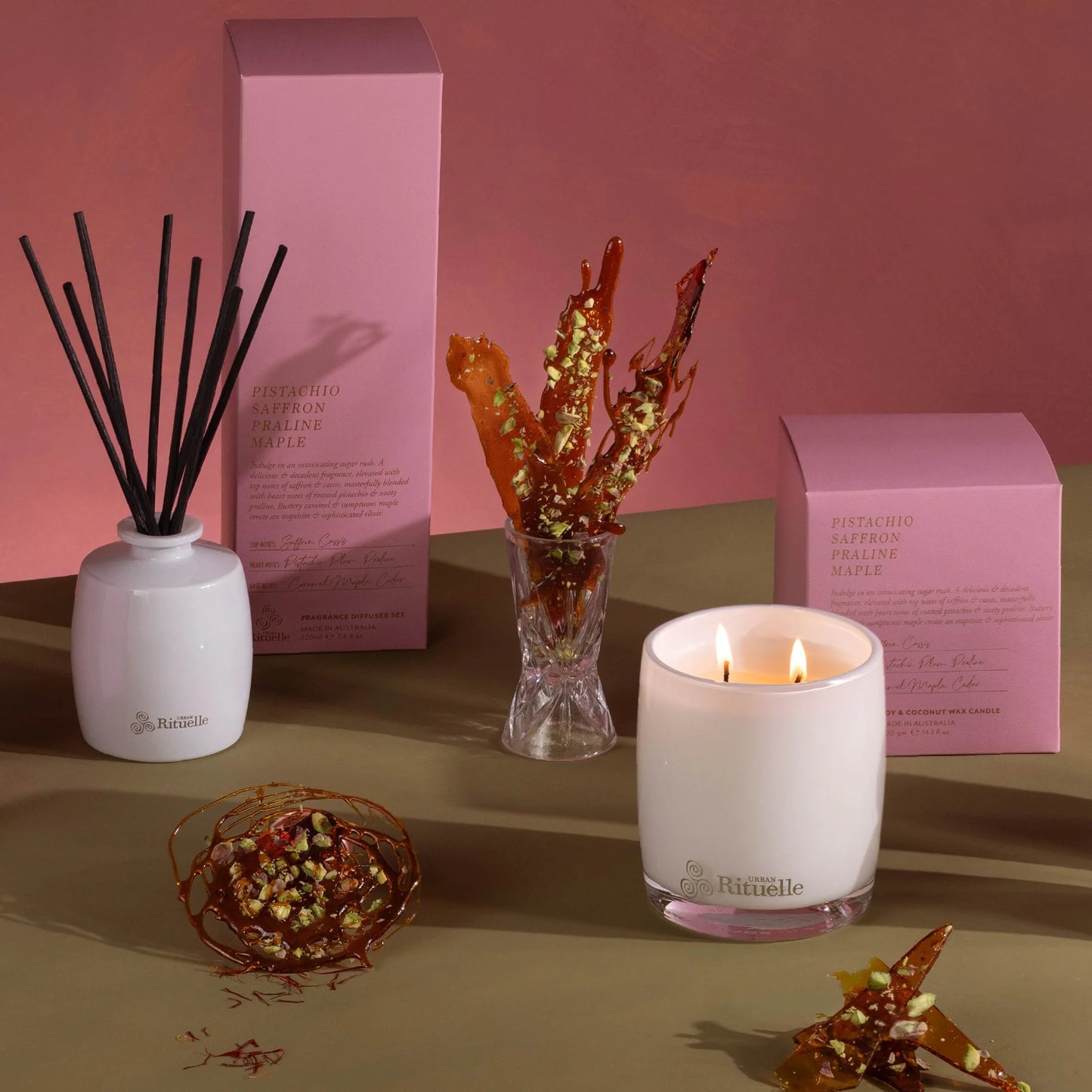 🥜 Pistachio, Saffron, Praline & Maple Fragrance Diffuser Set (220ml) By Urban Rituelle ✨🍫 - smooth, warm