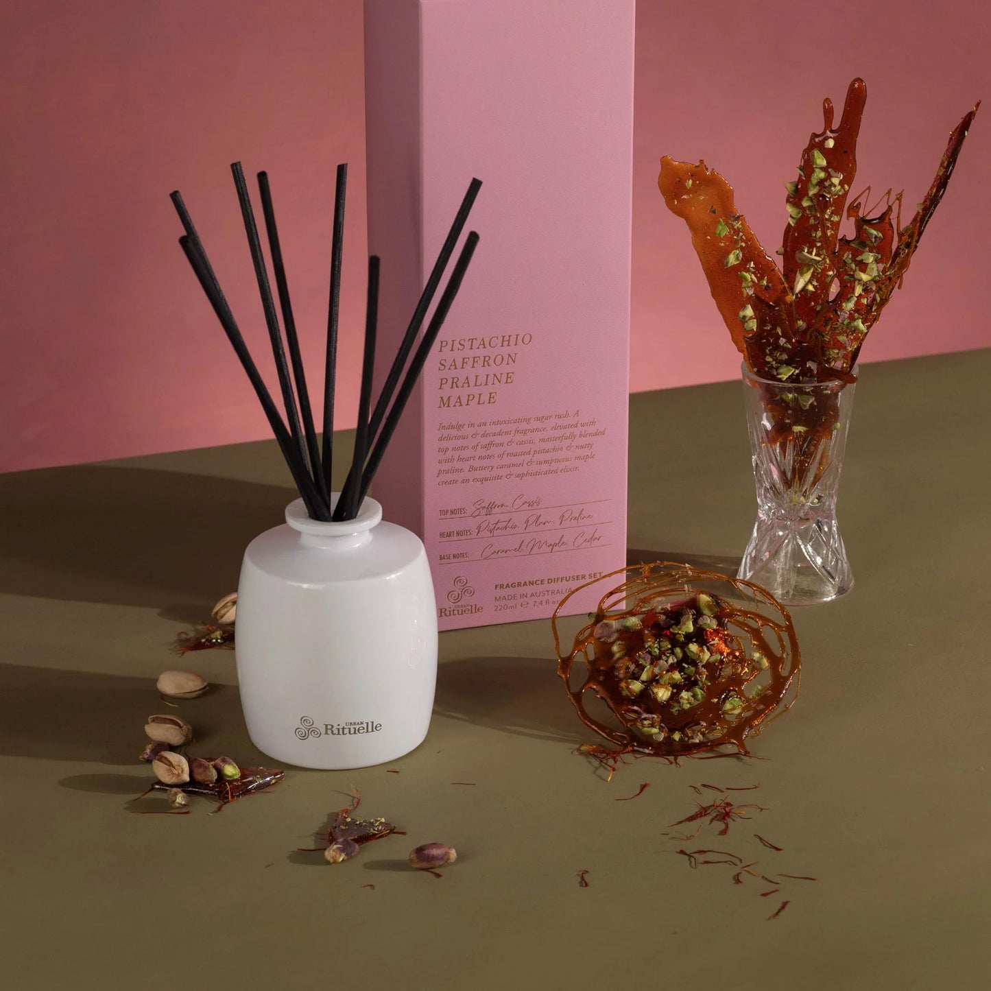 🥜 Pistachio, Saffron, Praline & Maple Fragrance Diffuser Set (220ml) By Urban Rituelle ✨🍫 - smooth, warm