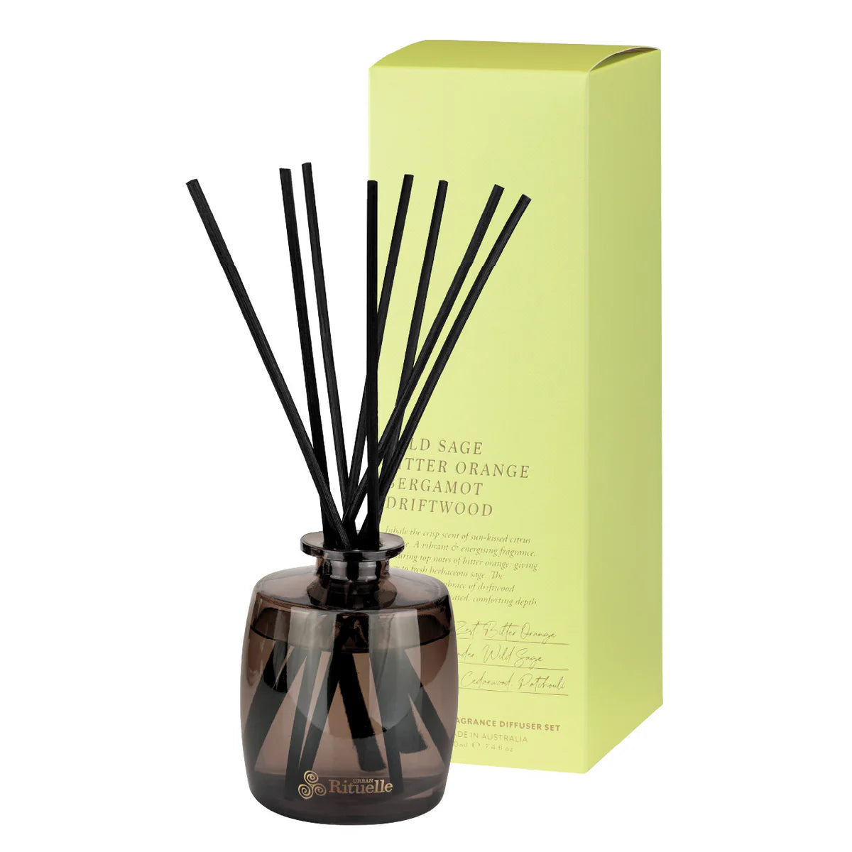 🌿 Wild Sage, Bitter Orange, Bergamot & Driftwood Fragrance Diffuser Set (220ml) By Urban Rituelle - Botanical freshness with a grounded twist. 🌬️