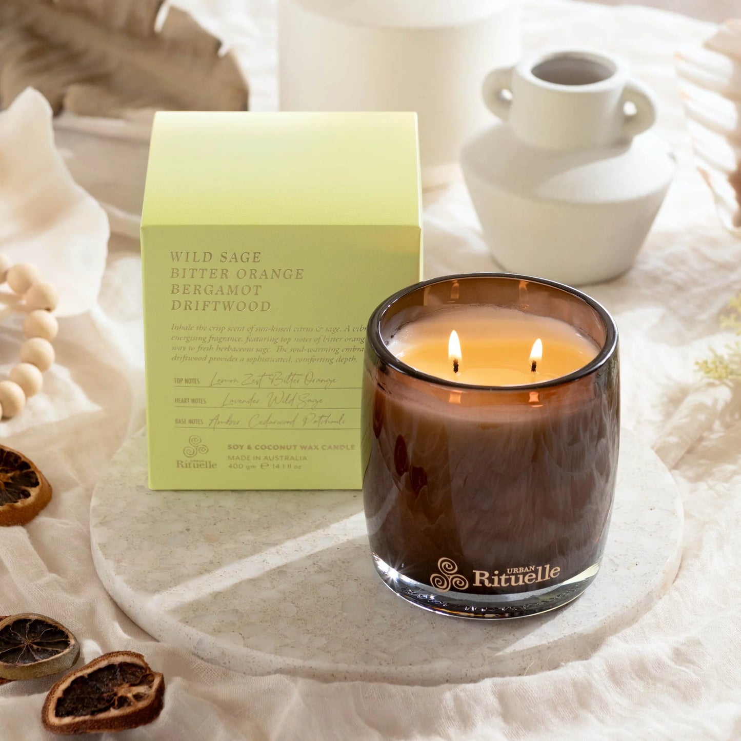🌿 Wild Sage, Bitter Orange, Bergamot & Driftwood Scented Soy Candle (400g) By Urban Rituelle 🍊🍋🌿 - earthy, uplifting