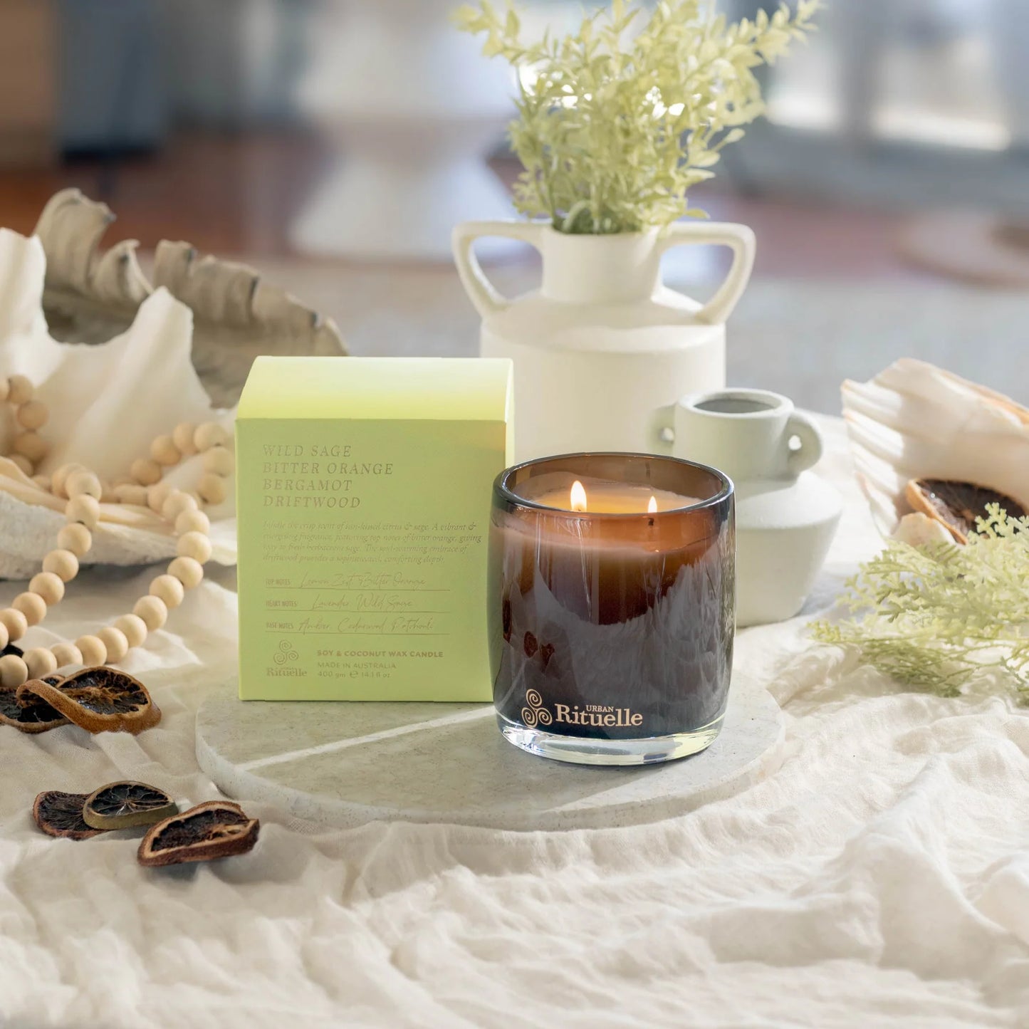 🌿 Wild Sage, Bitter Orange, Bergamot & Driftwood Scented Soy Candle (400g) By Urban Rituelle 🍊🍋🌿 - earthy, uplifting