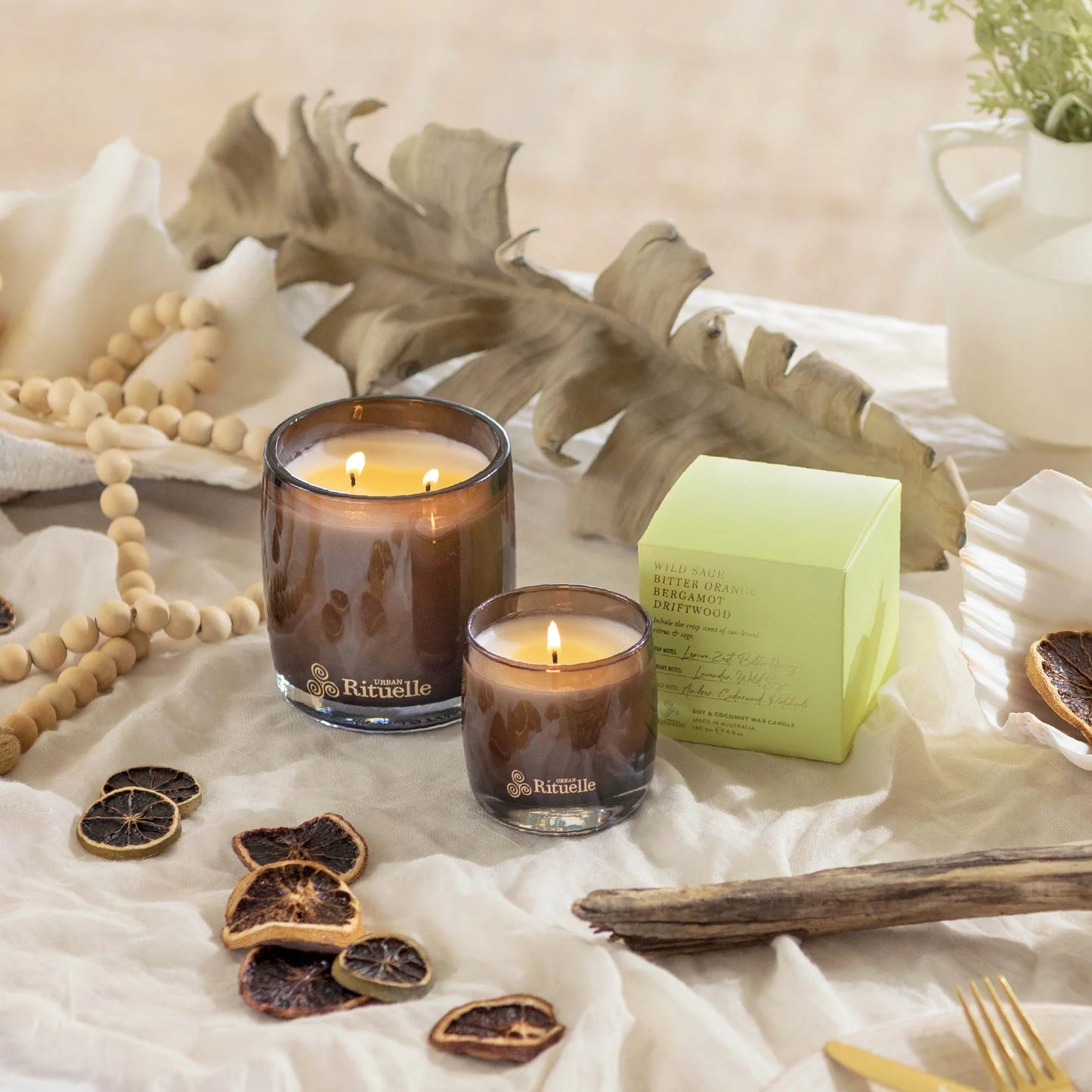 🌿 Wild Sage, Bitter Orange, Bergamot & Driftwood Scented Soy Candle (400g) By Urban Rituelle 🍊🍋🌿 - earthy, uplifting