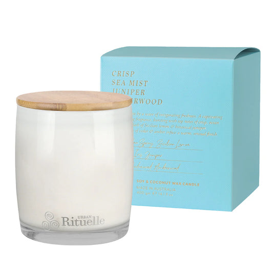 🌊 Crisp Sea Mist, Juniper, Amberwood Scented Soy Candle 400g by Urban Rituelle 🌊🌿🪵 - woody, aromatic