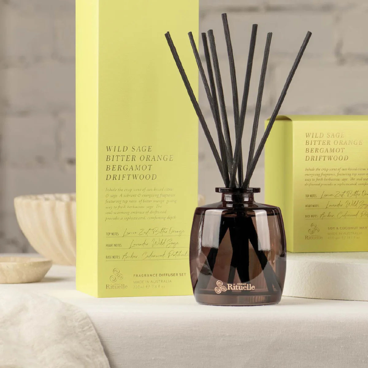 🌿 Wild Sage, Bitter Orange, Bergamot & Driftwood Fragrance Diffuser Set (220ml) By Urban Rituelle - Botanical freshness with a grounded twist. 🌬️