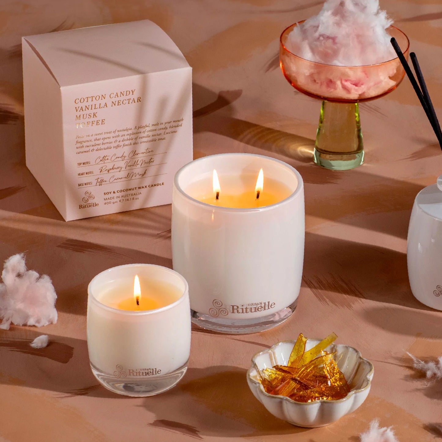 🍭 Cotton Candy, Vanilla Nectar, Musk & Toffee Scented Soy Candle (400g) By Urban Rituelle 🍭🍦💫  - creamy, comforting, smooth