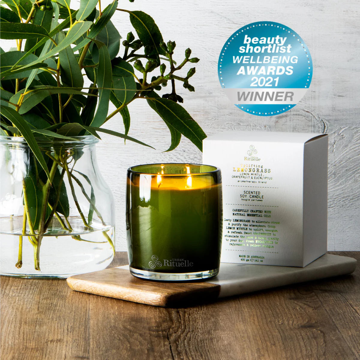 🍋 Lemongrass, Lemon Myrtle, Grapefruit & Eucalyptus Scented Soy Candle (400g) By Urban Rituelle 🌿🍋🍊 - Fresh, zesty, clean