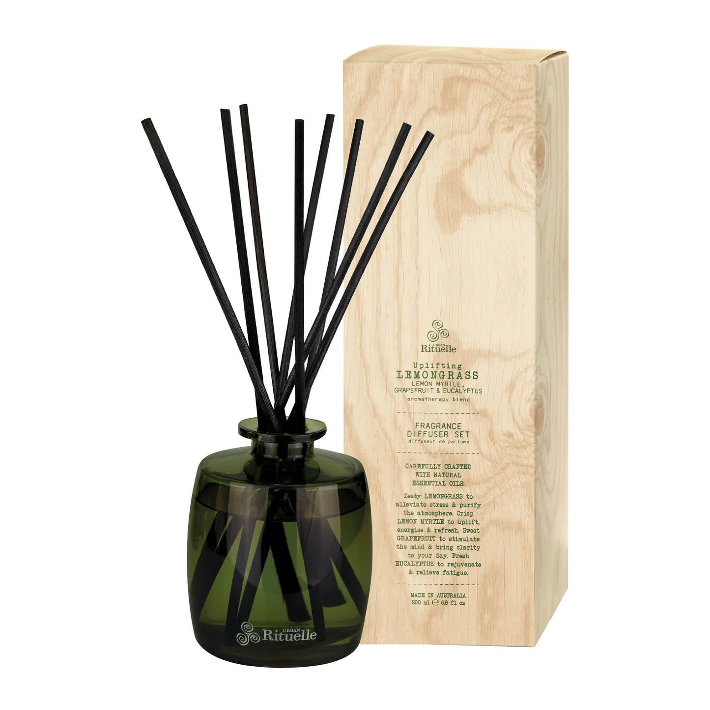 🍋 Lemongrass, Lemon Myrtle, Grapefruit & Eucalyptus Fragrance Diffuser Set (220ml) By Urban Rituelle 🌾 🍊- zesty, distinctly Australian